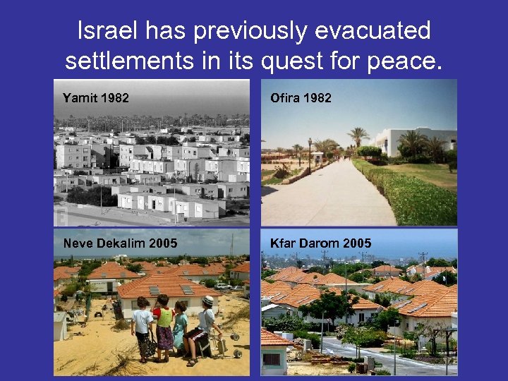 Israel has previously evacuated settlements in its quest for peace. Yamit 1982 Ofira 1982