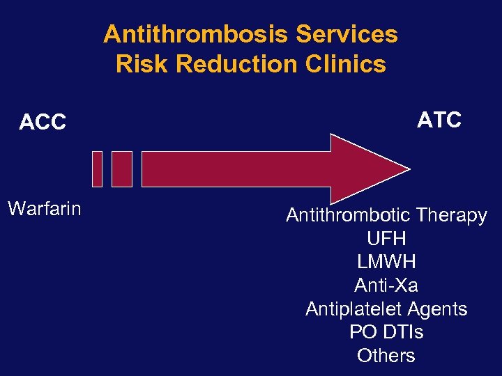 Antithrombosis Services Risk Reduction Clinics ACC Warfarin ATC Antithrombotic Therapy UFH LMWH Anti-Xa Antiplatelet