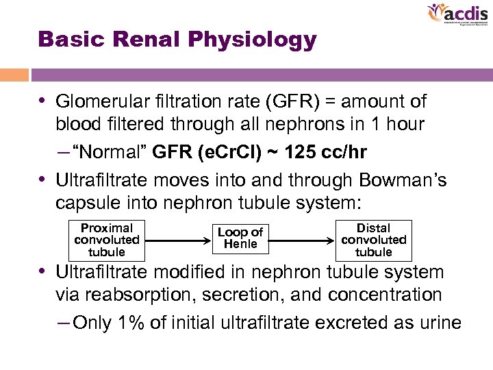 Basic Renal Physiology • Glomerular filtration rate (GFR) = amount of blood filtered through