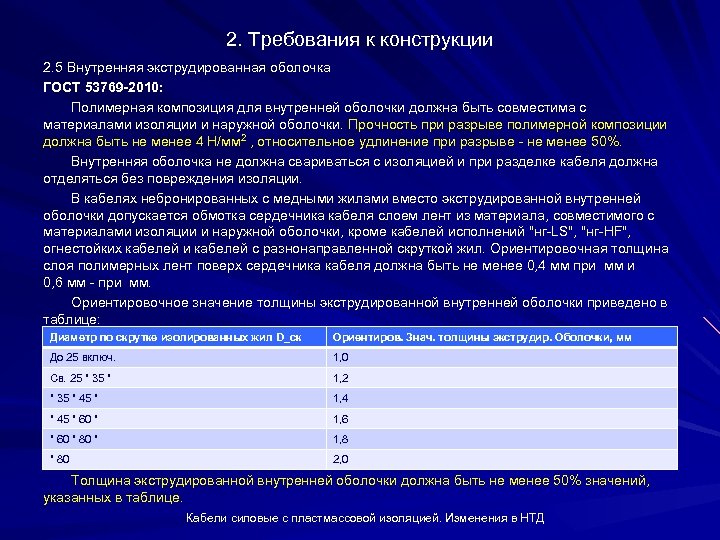 2. Требования к конструкции 2. 5 Внутренняя экструдированная оболочка ГОСТ 53769 -2010: Полимерная композиция