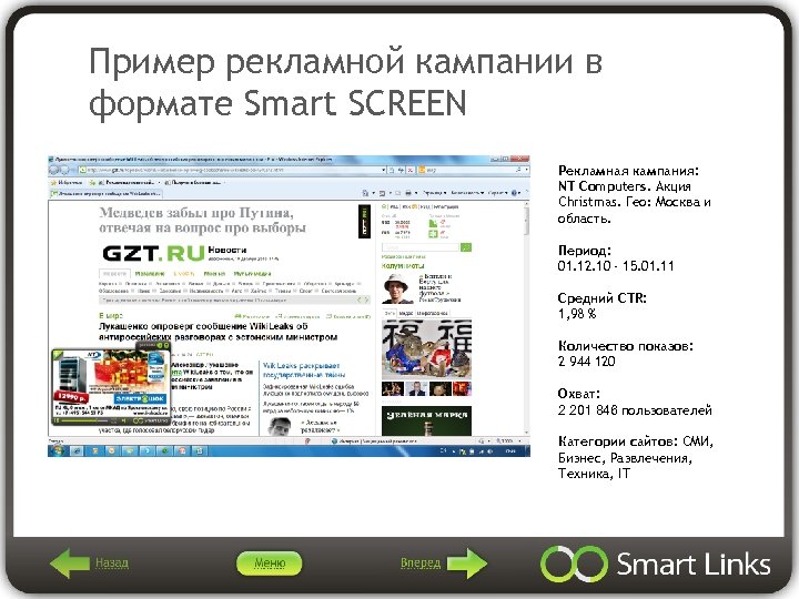 Пример рекламной кампании в формате Smart SCREEN Рекламная кампания: NT Computers. Акция Christmas. Гео: