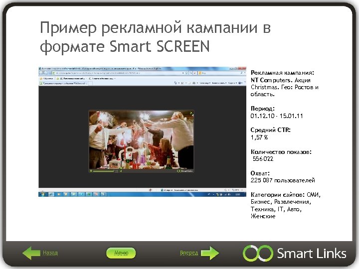 Пример рекламной кампании в формате Smart SCREEN Рекламная кампания: NT Computers. Акция Christmas. Гео: