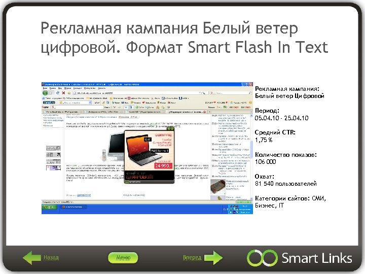 Рекламная кампания Белый ветер цифровой. Формат Smart Flash In Text Рекламная кампания: Белый ветер