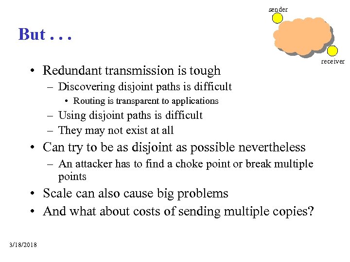 sender But. . . • Redundant transmission is tough – Discovering disjoint paths is