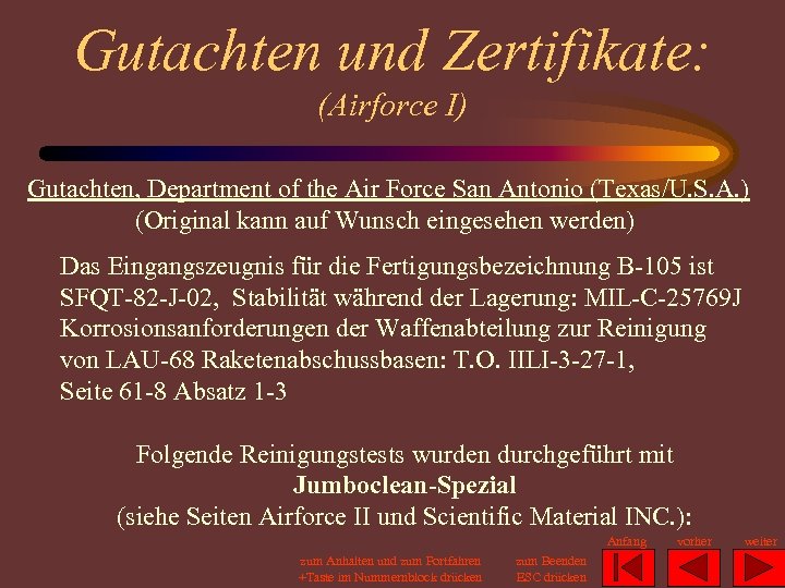 Gutachten und Zertifikate: (Airforce I) Gutachten, Department of the Air Force San Antonio (Texas/U.
