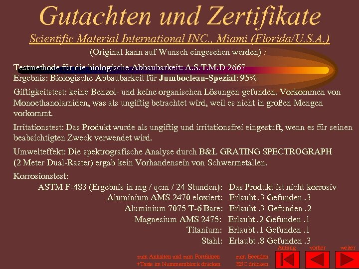 Gutachten und Zertifikate Scientific Material International INC. , Miami (Florida/U. S. A. ) (Original
