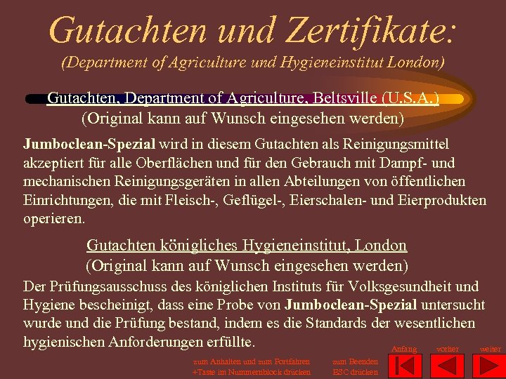 Gutachten und Zertifikate: (Department of Agriculture und Hygieneinstitut London) Gutachten, Department of Agriculture, Beltsville