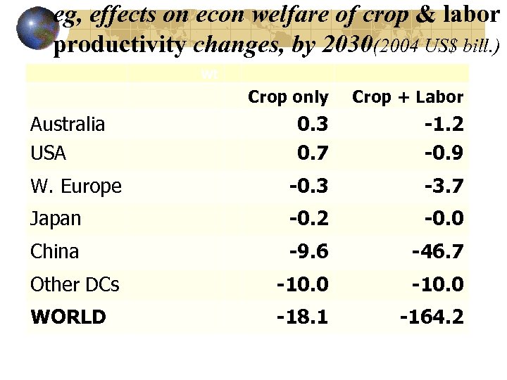 eg, effects on econ welfare of crop & labor productivity changes, by 2030(2004 US$