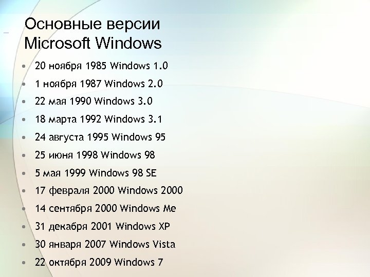  Основные версии Microsoft Windows • 20 ноября 1985 Windows 1. 0 • 1