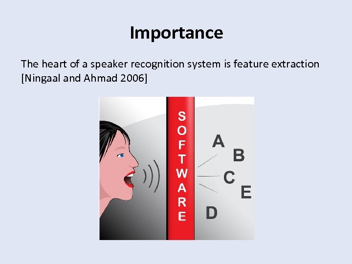 Importance The heart of a speaker recognition system is feature extraction [Ningaal and Ahmad