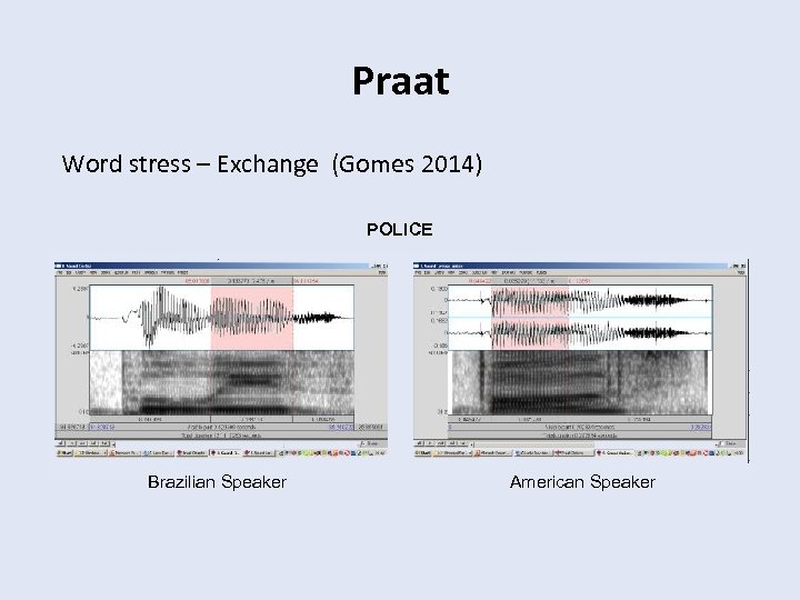 Praat Word stress – Exchange (Gomes 2014) POLICE Brazilian Speaker American Speaker 