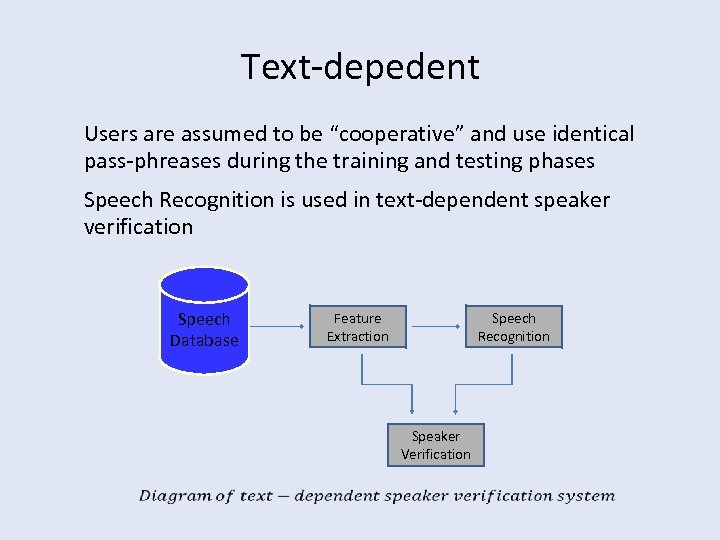 Text-depedent Users are assumed to be “cooperative” and use identical pass-phreases during the training