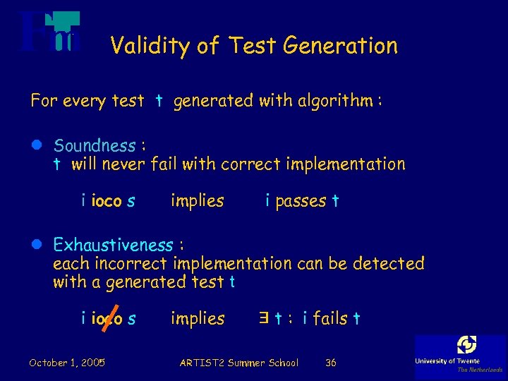Validity of Test Generation For every test t generated with algorithm : l Soundness