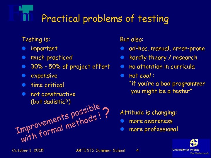 Practical problems of testing Testing is: But also: l important l ad-hoc, manual, error-prone