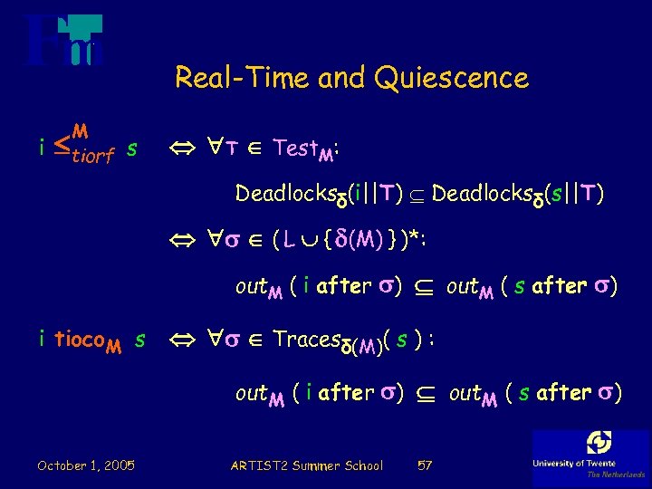 Real-Time and Quiescence M i tiorf s T Test. M: Deadlocksδ(i||T) Deadlocksδ(s||T) ( L
