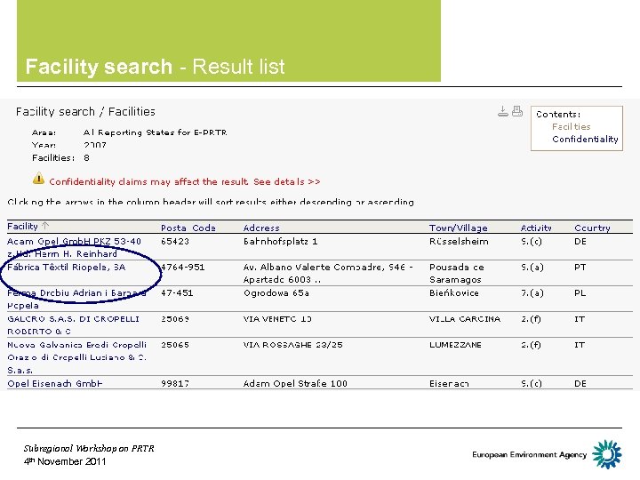 Facility search - Result list Subregional Workshop on PRTR 4 th November 2011 