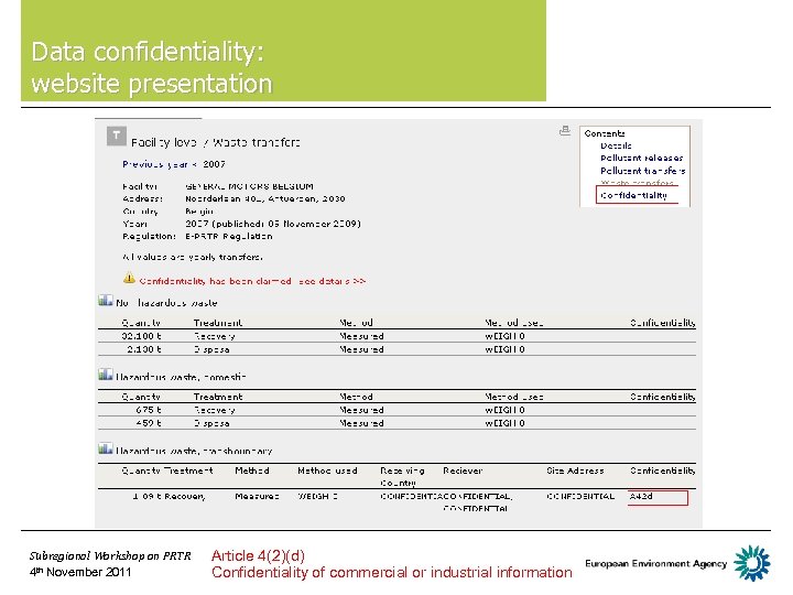 Data confidentiality: website presentation Subregional Workshop on PRTR 4 th November 2011 Article 4(2)(d)