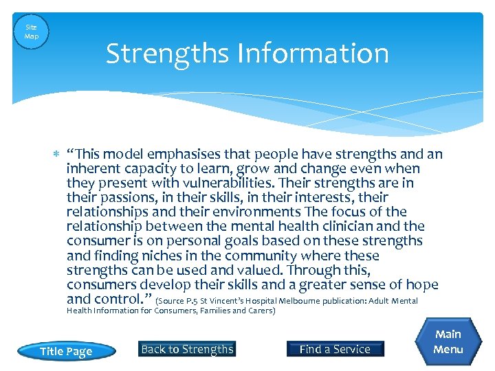 Site Map Strengths Information “This model emphasises that people have strengths and an inherent