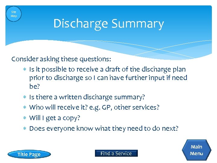 Site Map Discharge Summary Consider asking these questions: Is it possible to receive a