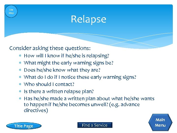 Site Map Relapse Consider asking these questions: How will I know if he/she is