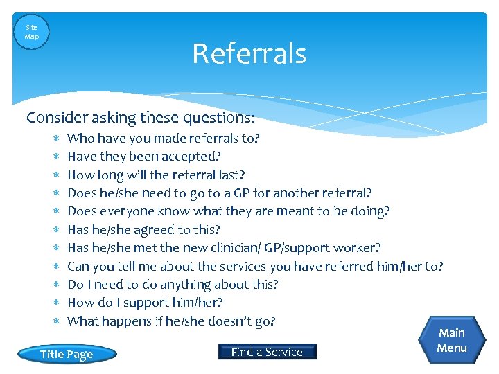 Site Map Referrals Consider asking these questions: Who have you made referrals to? Have