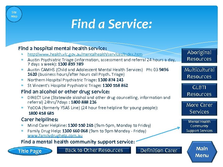 Site Map Find a Service: Find a hospital mental health service: http: //www. health.