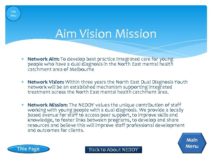 Site Map Aim Vision Mission Network Aim: To develop best practice integrated care for