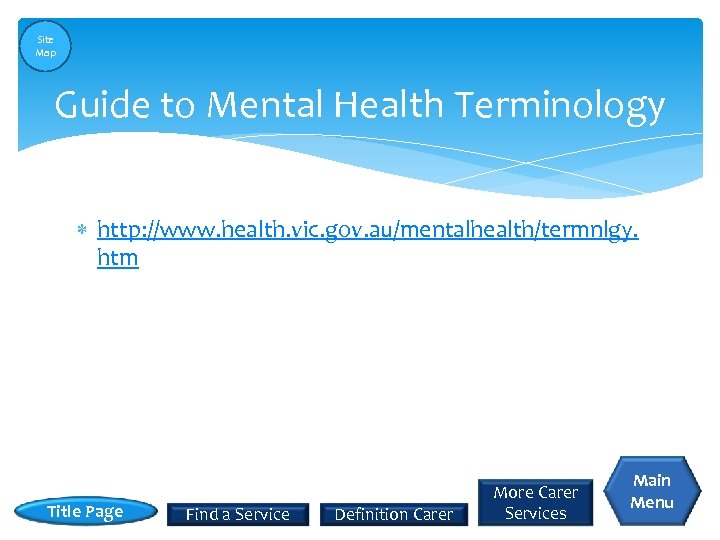 Site Map Guide to Mental Health Terminology http: //www. health. vic. gov. au/mentalhealth/termnlgy. htm