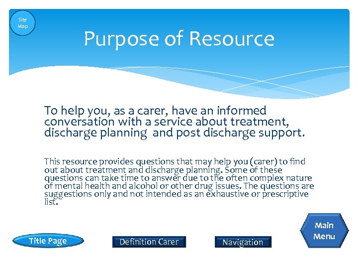 Site Map Purpose of Resource To help you, as a carer, have an informed