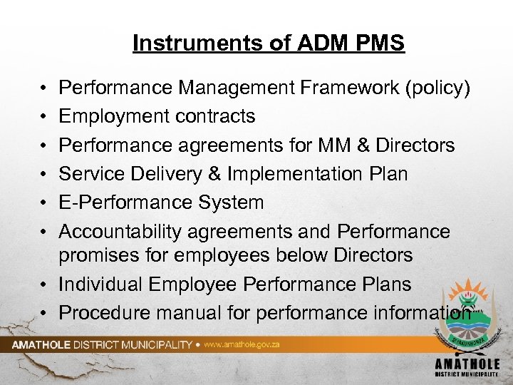 Instruments of ADM PMS • • • Performance Management Framework (policy) Employment contracts Performance