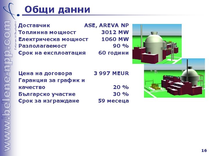 Енергия за Бъдещето Общи данни Доставчик ASE, AREVA NP Топлинна мощност 3012 MW Електрическа