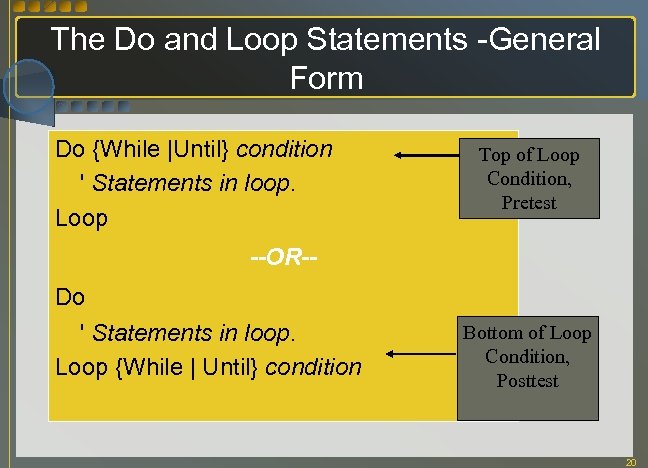 The Do and Loop Statements -General Form Do {While |Until} condition ' Statements in