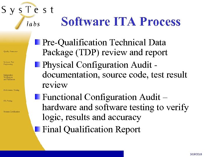 Software ITA Process Pre-Qualification Technical Data Package (TDP) review and report Physical Configuration Audit