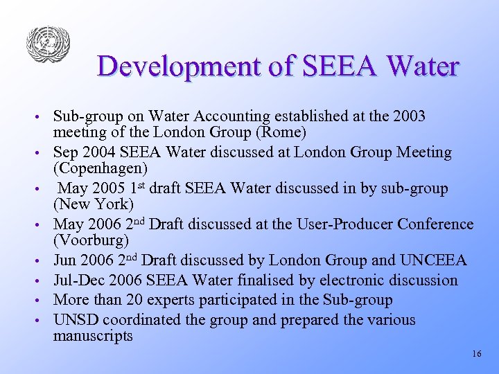 Development of SEEA Water • • Sub-group on Water Accounting established at the 2003