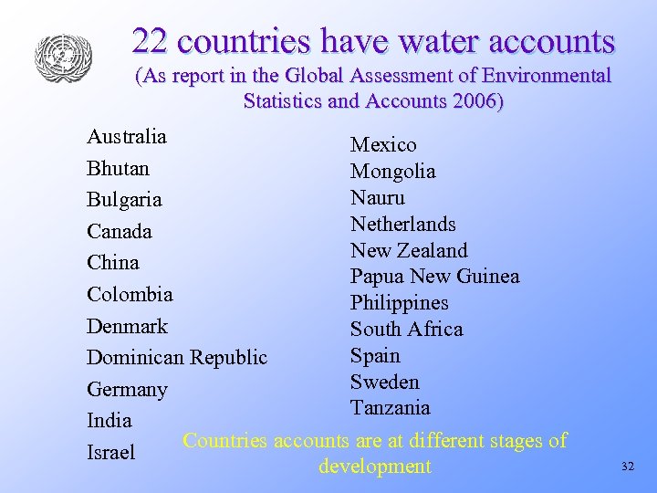 22 countries have water accounts (As report in the Global Assessment of Environmental Statistics