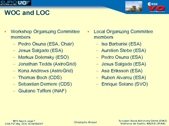 WOC and LOC • Workshop Organizing Committee members – Pedro Osuna (ESA, Chair) –