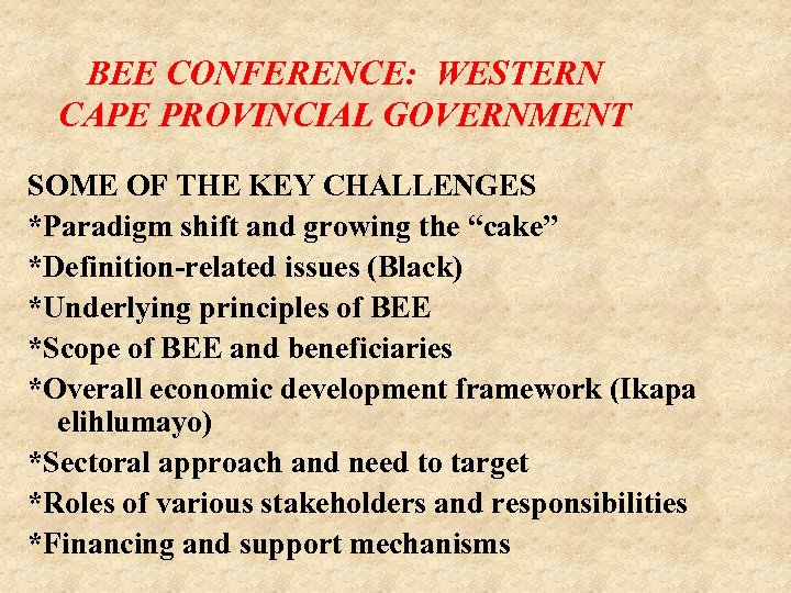 BEE CONFERENCE: WESTERN CAPE PROVINCIAL GOVERNMENT SOME OF THE KEY CHALLENGES *Paradigm shift and