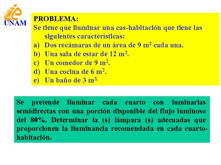 UNAM PROBLEMA: Se tiene que iluminar una cas-habitación que tiene las siguientes características: a)