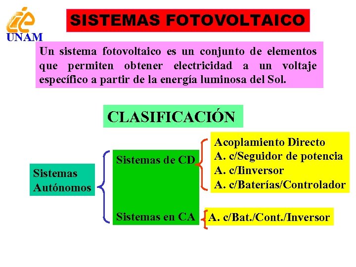 SISTEMAS FOTOVOLTAICO UNAM Un sistema fotovoltaico es un conjunto de elementos que permiten obtener