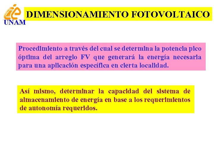 UNAM DIMENSIONAMIENTO FOTOVOLTAICO Procedimiento a través del cual se determina la potencia pico óptima