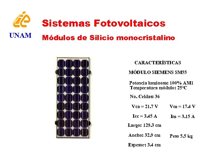 Sistemas Fotovoltaicos UNAM Módulos de Silicio monocristalino CARACTERÍSTICAS MÓDULO SIEMENS SM 55 Potencia luminosa: