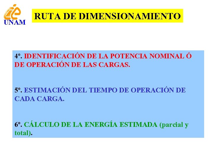 UNAM RUTA DE DIMENSIONAMIENTO 4º. IDENTIFICACIÓN DE LA POTENCIA NOMINAL Ó DE OPERACIÓN DE