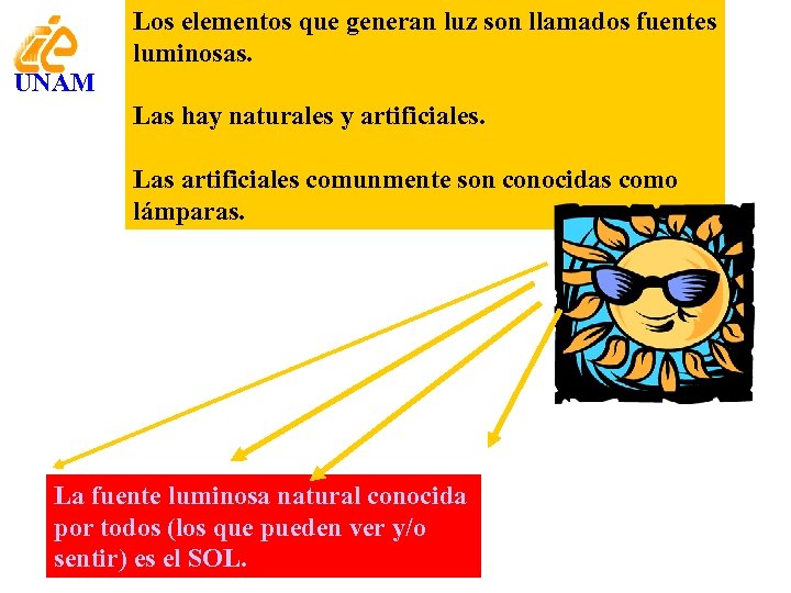 Los elementos que generan luz son llamados fuentes luminosas. UNAM Las hay naturales y