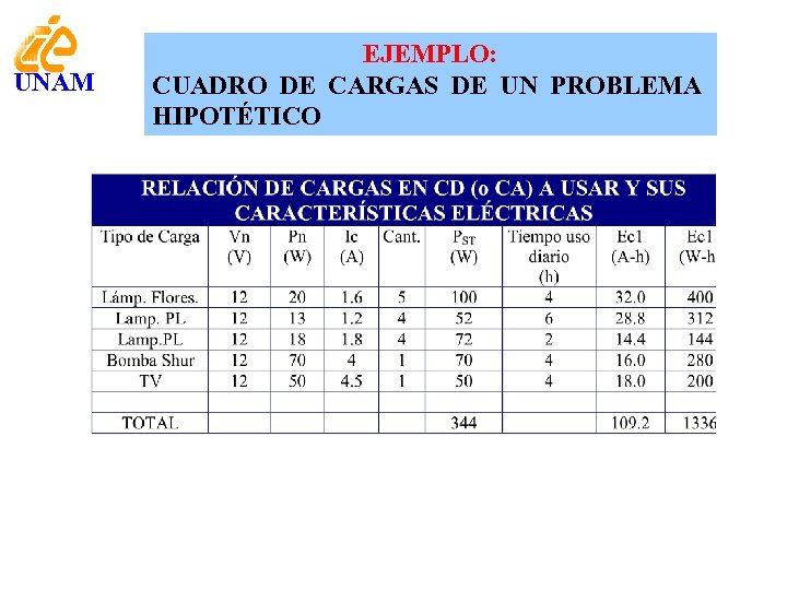 UNAM EJEMPLO: CUADRO DE CARGAS DE UN PROBLEMA HIPOTÉTICO 