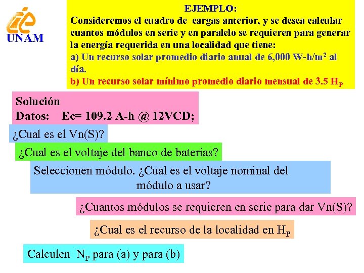 UNAM EJEMPLO: Consideremos el cuadro de cargas anterior, y se desea calcular cuantos módulos