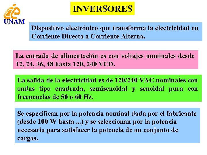 INVERSORES UNAM Dispositivo electrónico que transforma la electricidad en Corriente Directa a Corriente Alterna.