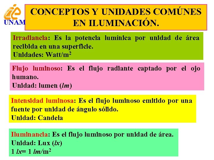 UNAM CONCEPTOS Y UNIDADES COMÚNES EN ILUMINACIÓN. Irradiancia: Es la potencia lumínica por unidad