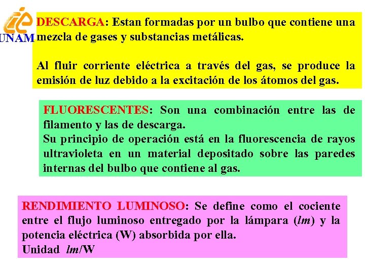 DESCARGA: Estan formadas por un bulbo que contiene una UNAM mezcla de gases y