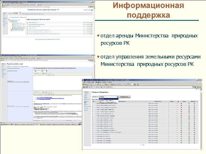 Информационная поддержка • отдел аренды Министерства природных ресурсов РК • отдел управления земельными ресурсами