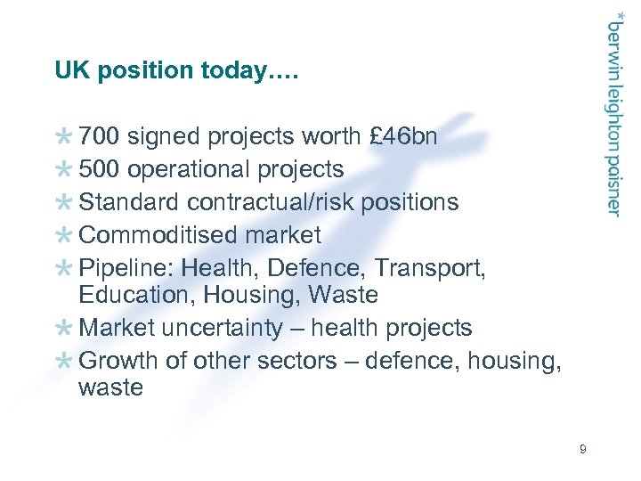 UK position today…. 700 signed projects worth £ 46 bn 500 operational projects Standard